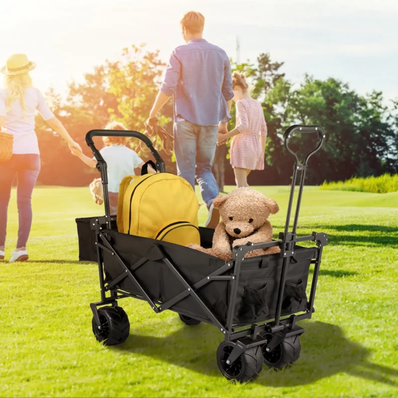 Extra Large Collapsible Garden Cart with Removable Canopy, Folding Wagon Utility Carts with Wheels and Rear Storage, Wagon Cart for Garden, Camping, Grocery Cart, Shopping Cart, Black - Image 7