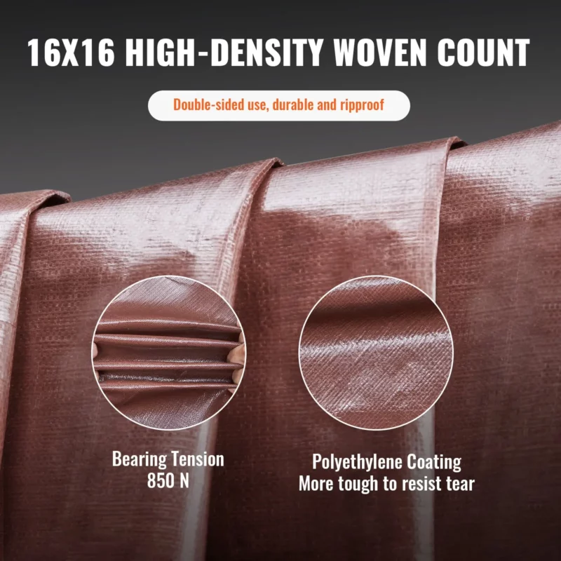 VEVOR Tarp 20x40 ft 16 Mil Extra Thick, Waterproof Poly Plastic Tarps Cover, Multi-Purpose Outdoor Tarpaulin with Grommets & Reinforced Edges for Truck, RV, Boat, Camping (Brown) - Image 4