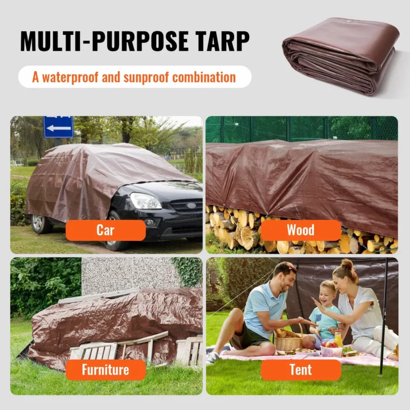 VEVOR Tarp 20x40 ft 16 Mil Extra Thick, Waterproof Poly Plastic Tarps Cover, Multi-Purpose Outdoor Tarpaulin with Grommets & Reinforced Edges for Truck, RV, Boat, Camping (Brown) - Image 6