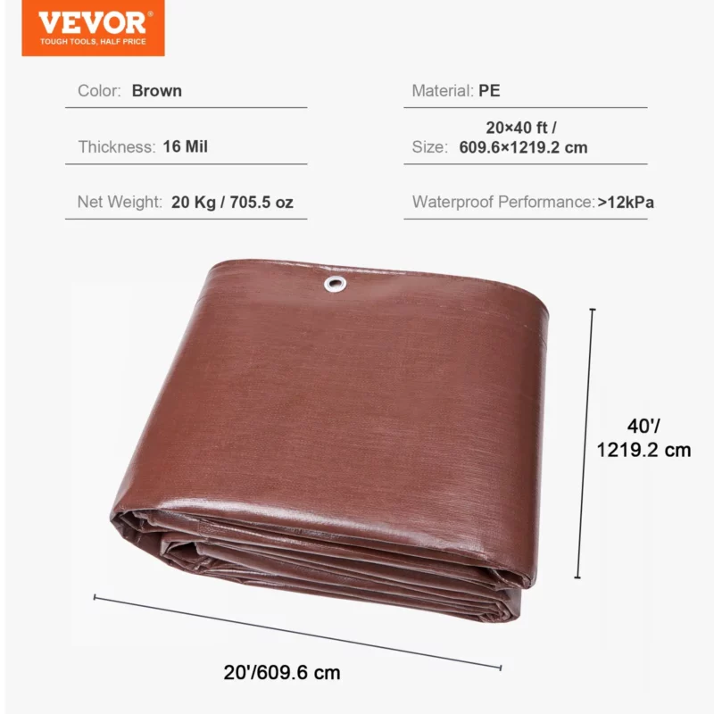 VEVOR Tarp 20x40 ft 16 Mil Extra Thick, Waterproof Poly Plastic Tarps Cover, Multi-Purpose Outdoor Tarpaulin with Grommets & Reinforced Edges for Truck, RV, Boat, Camping (Brown) - Image 7