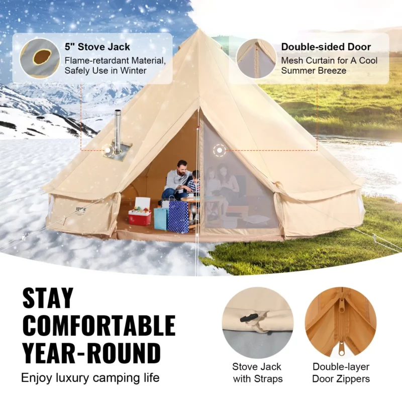 VEVOR Canvas Bell Tent, 4 Seasons 7 m/22.97 ft Yurt Tent, Canvas Tent for Camping with Stove Jack, Breathable Tent Holds up to 12 People, Family Camping Outdoor Hunting Party - Image 2