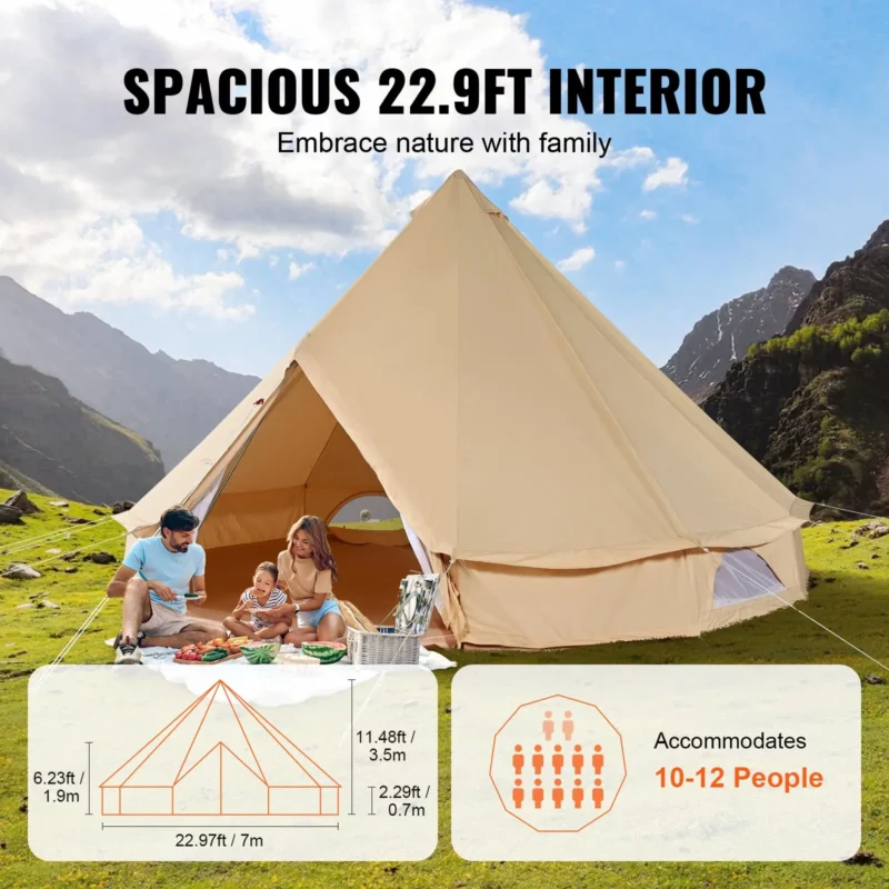 VEVOR Canvas Bell Tent, 4 Seasons 7 m/22.97 ft Yurt Tent, Canvas Tent for Camping with Stove Jack, Breathable Tent Holds up to 12 People, Family Camping Outdoor Hunting Party - Image 3