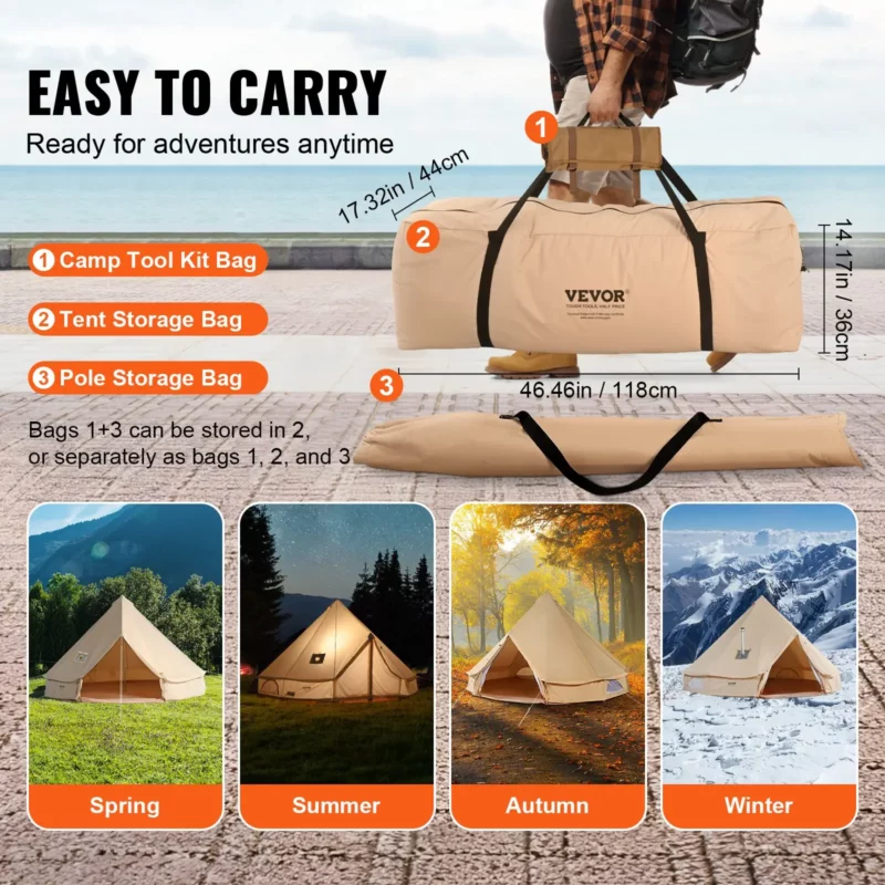 VEVOR Canvas Bell Tent, 4 Seasons 7 m/22.97 ft Yurt Tent, Canvas Tent for Camping with Stove Jack, Breathable Tent Holds up to 12 People, Family Camping Outdoor Hunting Party - Image 5