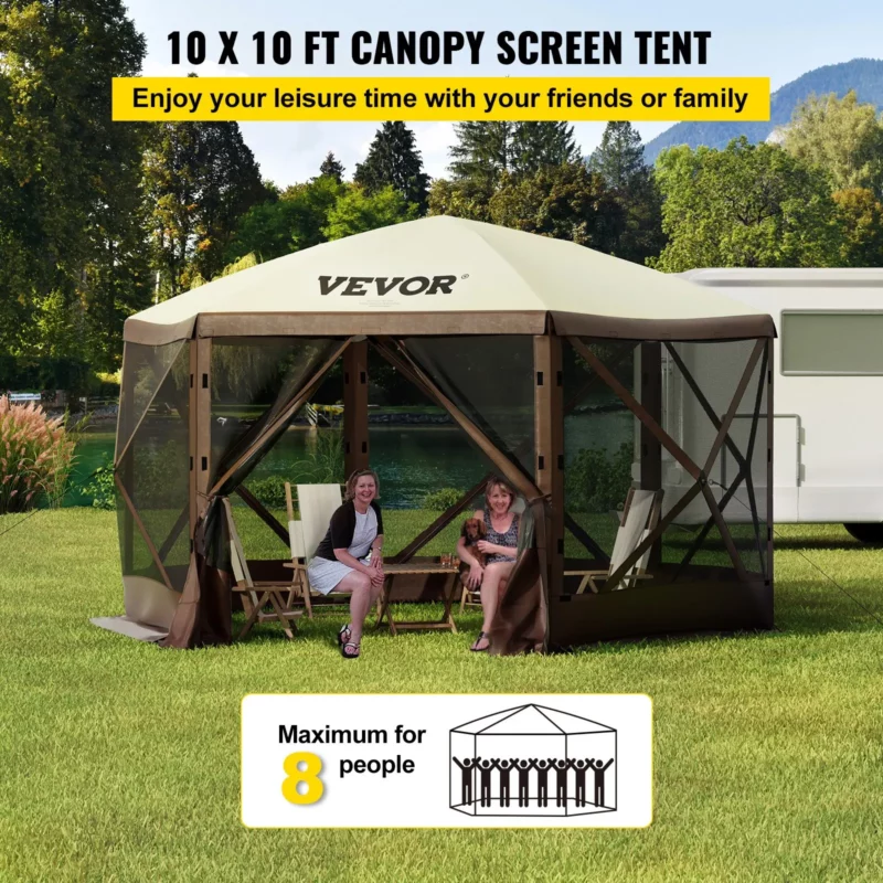 Camping Gazebo Tent, 10'x10', 6 Sided Pop-up Canopy Screen Tent for 8 Person Camping, Waterproof Screen Shelter w/Portable Storage Bag, Ground Stakes, Mesh Windows, Brown & Beige - Image 12