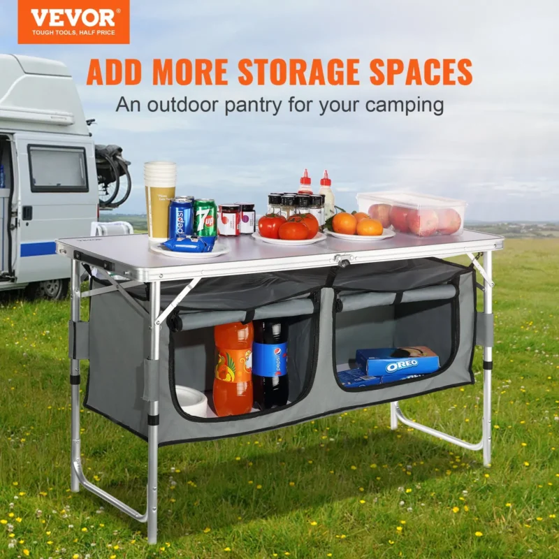 Camping Kitchen Table, Quick set-up Folding Camping Table, 3 Adjustable Heights, MDF Camping Table, Ideal for Outdoor Picnics, BBQs, Camping, RV Traveling