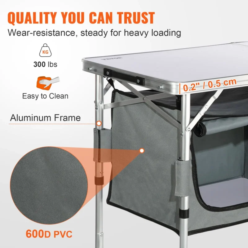Camping Kitchen Table, Quick set-up Folding Camping Table, 3 Adjustable Heights, MDF Camping Table, Ideal for Outdoor Picnics, BBQs, Camping, RV Traveling - Image 4