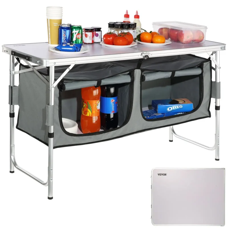 Camping Kitchen Table, Quick set-up Folding Camping Table, 3 Adjustable Heights, MDF Camping Table, Ideal for Outdoor Picnics, BBQs, Camping, RV Traveling - Image 12