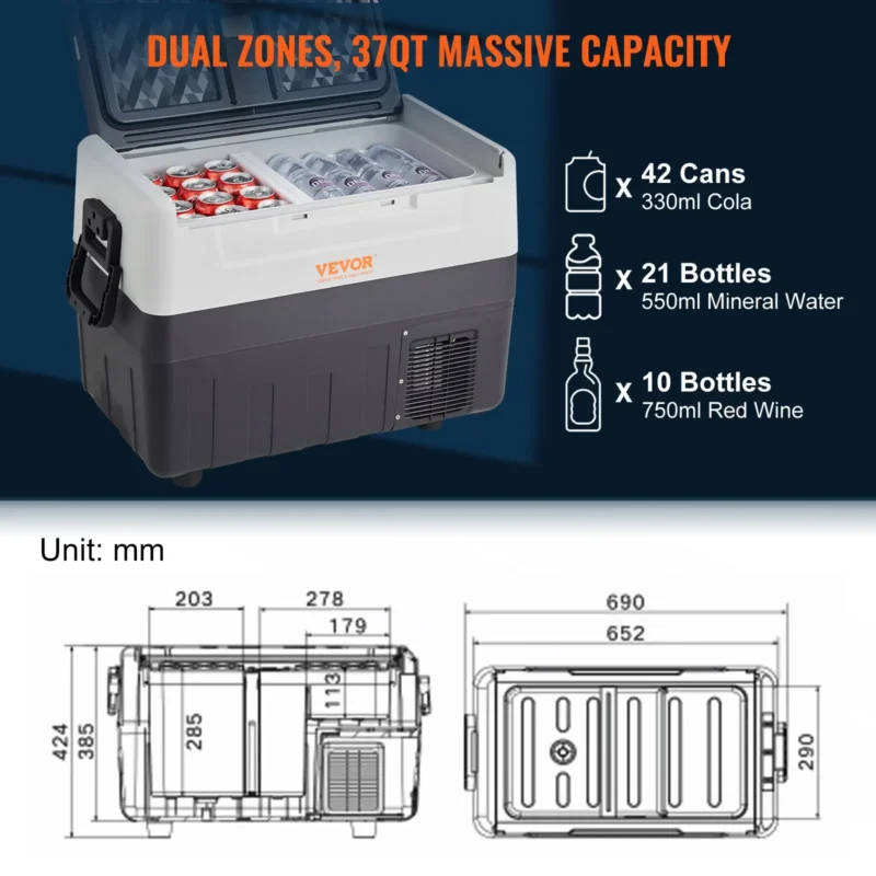 Car Refrigerator, 12 Volt Car Refrigerator Fridge, 37 QT/35 L Dual Zone Portable Freezer, -4-50 Adjustable Range, 12/24V DC and 100-240V AC Compressor Cooler for Outdoor, Camping, Travel, RV - Image 10