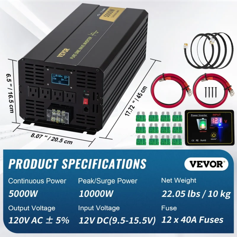Pure Sine Wave Inverter, 5000 Watt, Power Inverter, DC 12V to AC 120V Car Inverter, with LCD Display, USB Port and Remote Controller, Power Converter for Car RV Truck Solar System Travel Camping - Image 5
