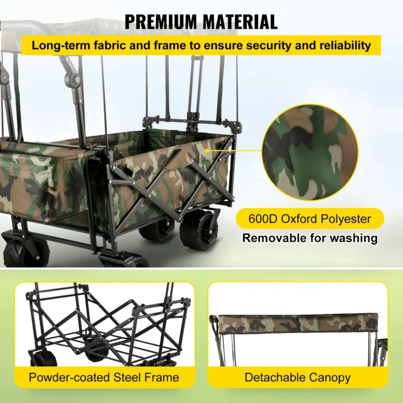 Collapsible Folding Wagon with Removable Canopy, Heavy Duty Foldable Wagon Utility Cart for Garden, Camping, Grocery Cart, Beach Wagon Cart with Wheels and Rear Storage, Camouflage - Image 3
