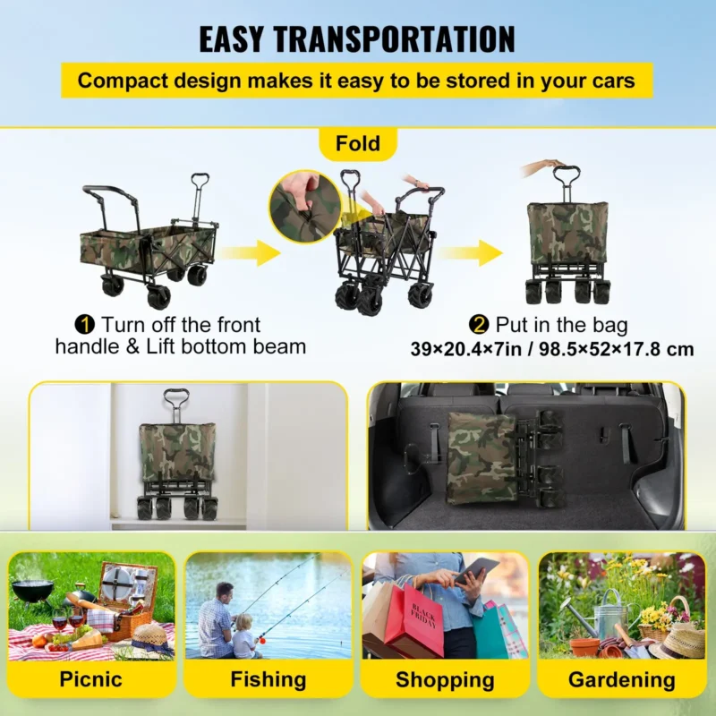 Collapsible Folding Wagon with Removable Canopy, Heavy Duty Foldable Wagon Utility Cart for Garden, Camping, Grocery Cart, Beach Wagon Cart with Wheels and Rear Storage, Camouflage - Image 4