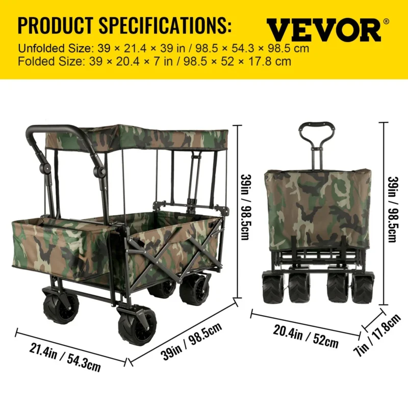Collapsible Folding Wagon with Removable Canopy, Heavy Duty Foldable Wagon Utility Cart for Garden, Camping, Grocery Cart, Beach Wagon Cart with Wheels and Rear Storage, Camouflage - Image 6
