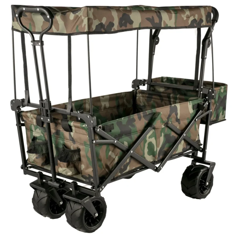 Collapsible Folding Wagon with Removable Canopy, Heavy Duty Foldable Wagon Utility Cart for Garden, Camping, Grocery Cart, Beach Wagon Cart with Wheels and Rear Storage, Camouflage - Image 10