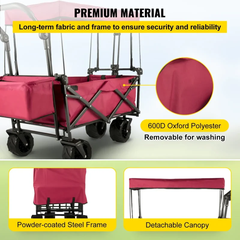 Extra Large Collapsible Garden Cart with Removable Canopy, Folding Wagon Utility Carts with Wheels and Rear Storage, Wagon Cart for Garden, Camping, Grocery Cart, Shopping Cart, Red - Image 3