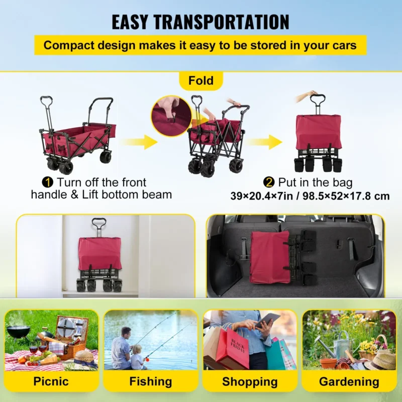 Extra Large Collapsible Garden Cart with Removable Canopy, Folding Wagon Utility Carts with Wheels and Rear Storage, Wagon Cart for Garden, Camping, Grocery Cart, Shopping Cart, Red - Image 4