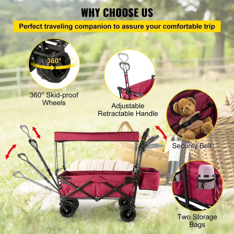Extra Large Collapsible Garden Cart with Removable Canopy, Folding Wagon Utility Carts with Wheels and Rear Storage, Wagon Cart for Garden, Camping, Grocery Cart, Shopping Cart, Red - Image 5