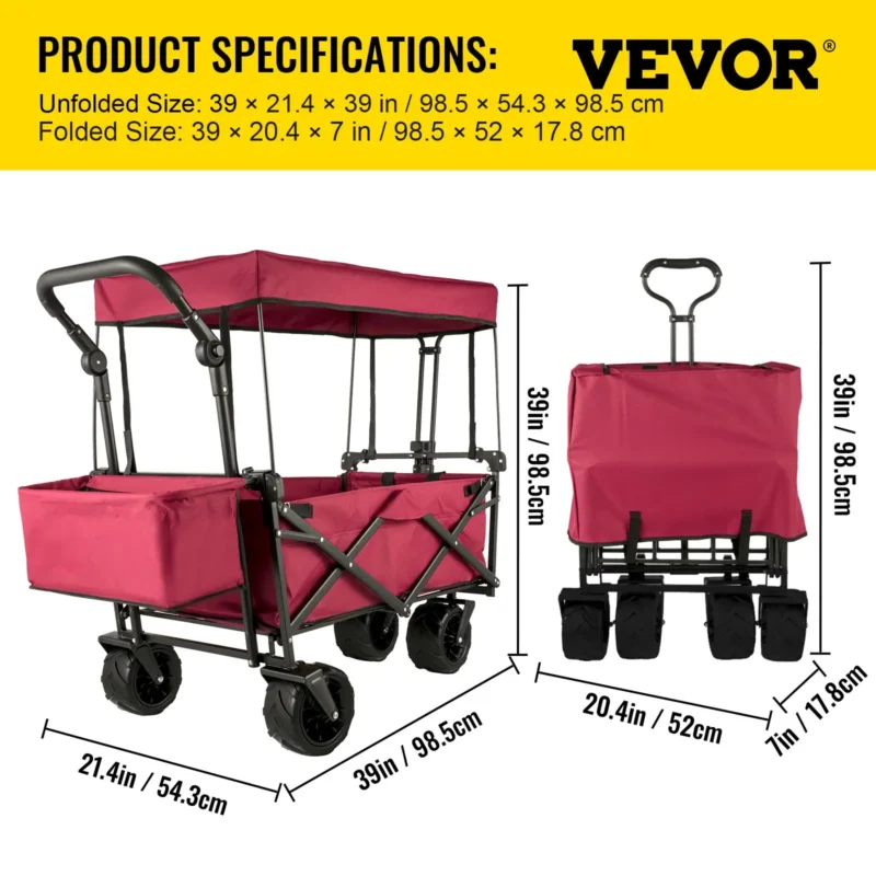 Extra Large Collapsible Garden Cart with Removable Canopy, Folding Wagon Utility Carts with Wheels and Rear Storage, Wagon Cart for Garden, Camping, Grocery Cart, Shopping Cart, Red - Image 6