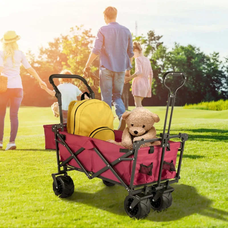 Extra Large Collapsible Garden Cart with Removable Canopy, Folding Wagon Utility Carts with Wheels and Rear Storage, Wagon Cart for Garden, Camping, Grocery Cart, Shopping Cart, Red - Image 7