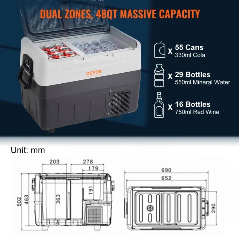 Car Refrigerator, 12 Volt Car Refrigerator Fridge, 48 QT/45 L Dual Zone Portable Freezer, -4-50 Adjustable Range, 12/24V DC and 100-240V AC Compressor Cooler for Outdoor, Camping, Travel, RV - Image 4