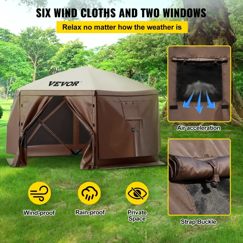 Camping Gazebo Screen Tent, 12*12ft, 6 Sided Pop-up Canopy Shelter Tent with Mesh Windows, Portable Carry Bag, Stakes, Large Shade Tents for Outdoor Camping, Lawn and Backyard, Brown/Beige - Image 2