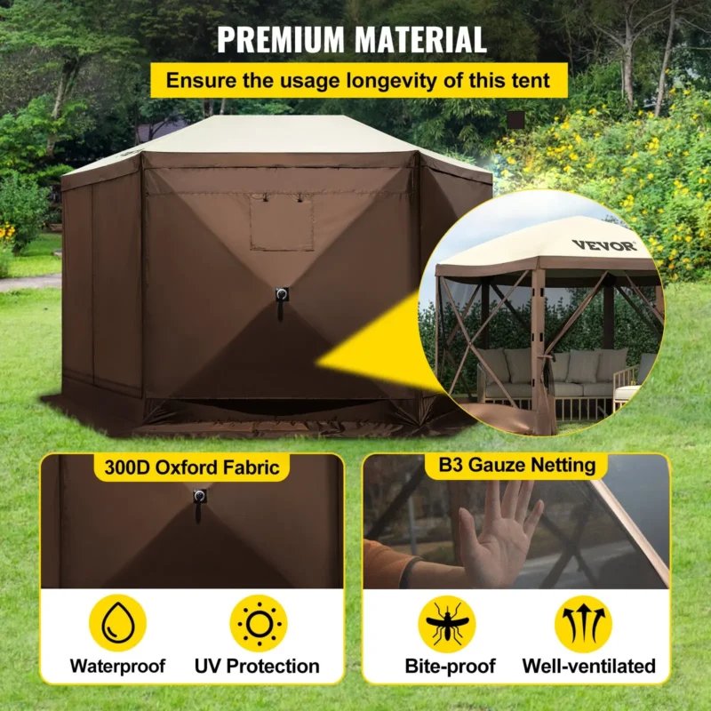 Camping Gazebo Screen Tent, 12*12ft, 6 Sided Pop-up Canopy Shelter Tent with Mesh Windows, Portable Carry Bag, Stakes, Large Shade Tents for Outdoor Camping, Lawn and Backyard, Brown/Beige - Image 4