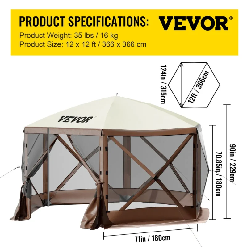 Camping Gazebo Screen Tent, 12*12ft, 6 Sided Pop-up Canopy Shelter Tent with Mesh Windows, Portable Carry Bag, Stakes, Large Shade Tents for Outdoor Camping, Lawn and Backyard, Brown/Beige - Image 6