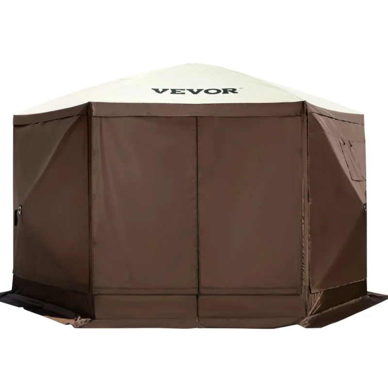 Camping Gazebo Screen Tent, 12*12ft, 6 Sided Pop-up Canopy Shelter Tent with Mesh Windows, Portable Carry Bag, Stakes, Large Shade Tents for Outdoor Camping, Lawn and Backyard, Brown/Beige - Image 8