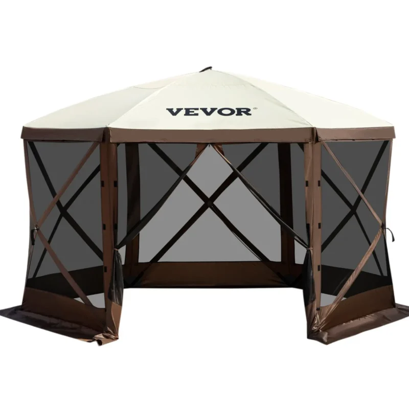 Camping Gazebo Screen Tent, 12*12ft, 6 Sided Pop-up Canopy Shelter Tent with Mesh Windows, Portable Carry Bag, Stakes, Large Shade Tents for Outdoor Camping, Lawn and Backyard, Brown/Beige - Image 9