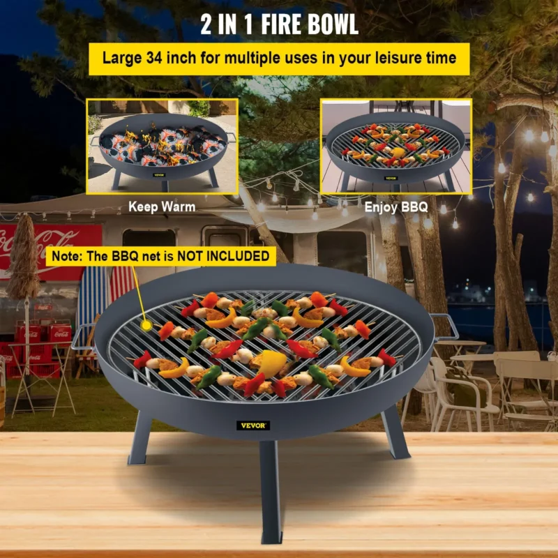 Fire Pit Bowl, 34-Inch Diameter Round Carbon Steel Fire Bowl, Wood Burning for Outdoor Patios, Backyards & Camping Uses, with A Drain Hole, Portable Handles and A Firewood Stick, Black - Image 2