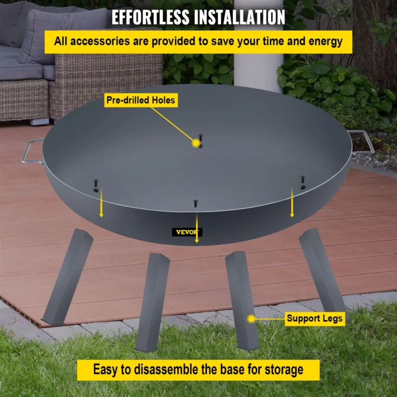 Fire Pit Bowl, 34-Inch Diameter Round Carbon Steel Fire Bowl, Wood Burning for Outdoor Patios, Backyards & Camping Uses, with A Drain Hole, Portable Handles and A Firewood Stick, Black - Image 5
