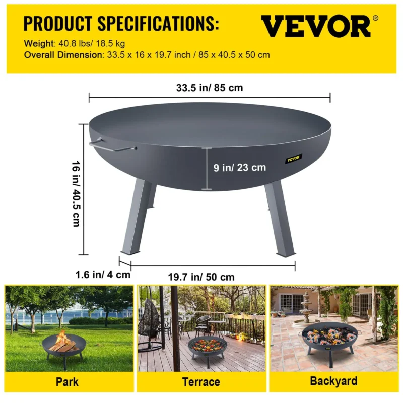 Fire Pit Bowl, 34-Inch Diameter Round Carbon Steel Fire Bowl, Wood Burning for Outdoor Patios, Backyards & Camping Uses, with A Drain Hole, Portable Handles and A Firewood Stick, Black - Image 6