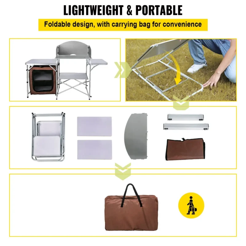 Camping Kitchen Table Picnic Cabinet Folding Cooking Storage Rack Portable Brown - Image 3