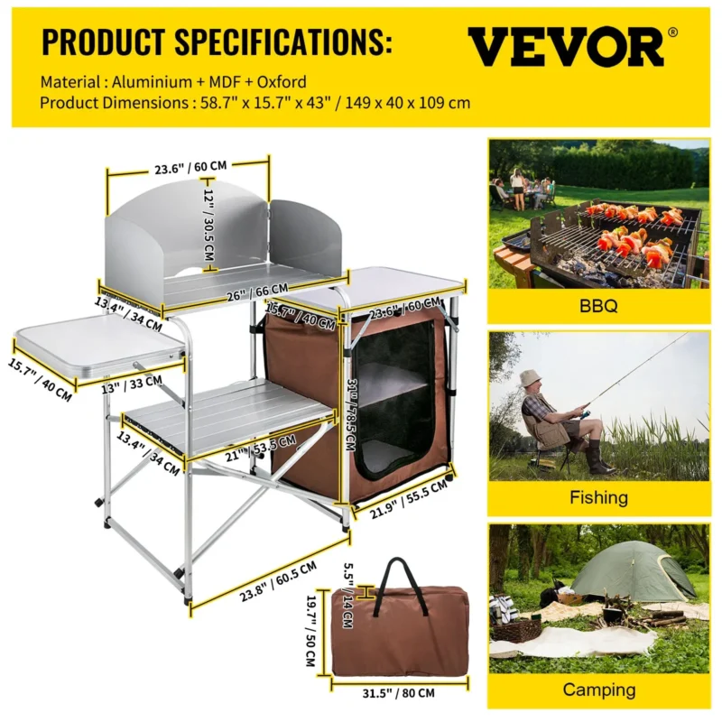 Camping Kitchen Table Picnic Cabinet Folding Cooking Storage Rack Portable Brown - Image 4