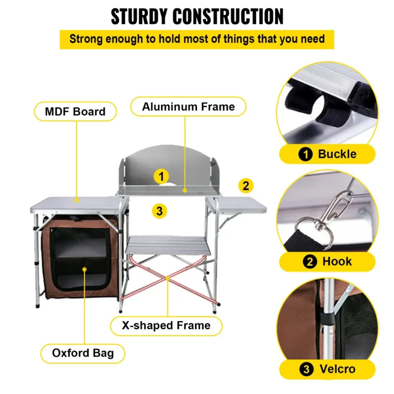 Camping Kitchen Table Picnic Cabinet Folding Cooking Storage Rack Portable Brown - Image 9