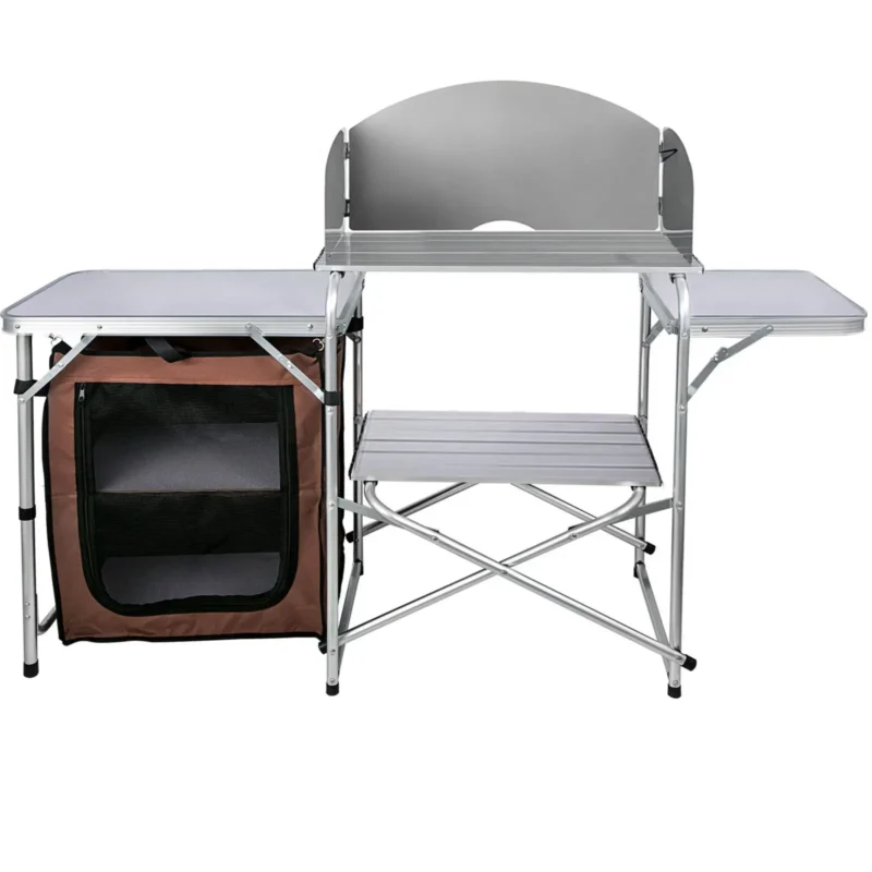 Camping Kitchen Table Picnic Cabinet Folding Cooking Storage Rack Portable Brown - Image 10