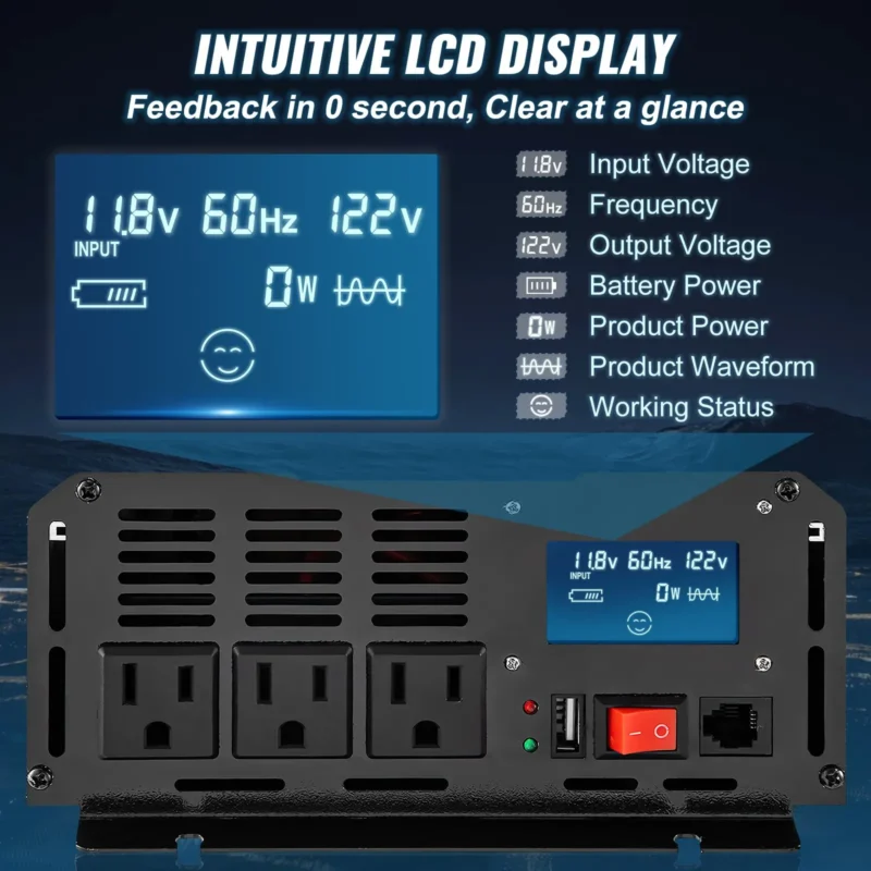 Pure Sine Wave Inverter, 2500 Watt Power Inverter, DC 12V to AC 120V Car Inverter, with USB Port, LCD Display, and Remote Controller Power Converter, for RV Truck Car Solar System Travel Camping - Image 3