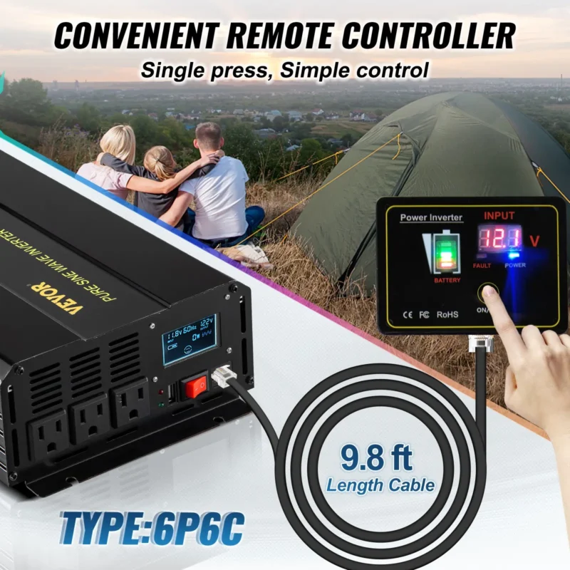 Pure Sine Wave Inverter, 2500 Watt Power Inverter, DC 12V to AC 120V Car Inverter, with USB Port, LCD Display, and Remote Controller Power Converter, for RV Truck Car Solar System Travel Camping - Image 4