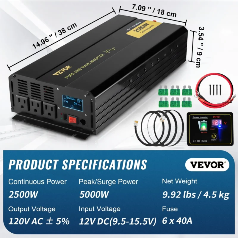 Pure Sine Wave Inverter, 2500 Watt Power Inverter, DC 12V to AC 120V Car Inverter, with USB Port, LCD Display, and Remote Controller Power Converter, for RV Truck Car Solar System Travel Camping - Image 7