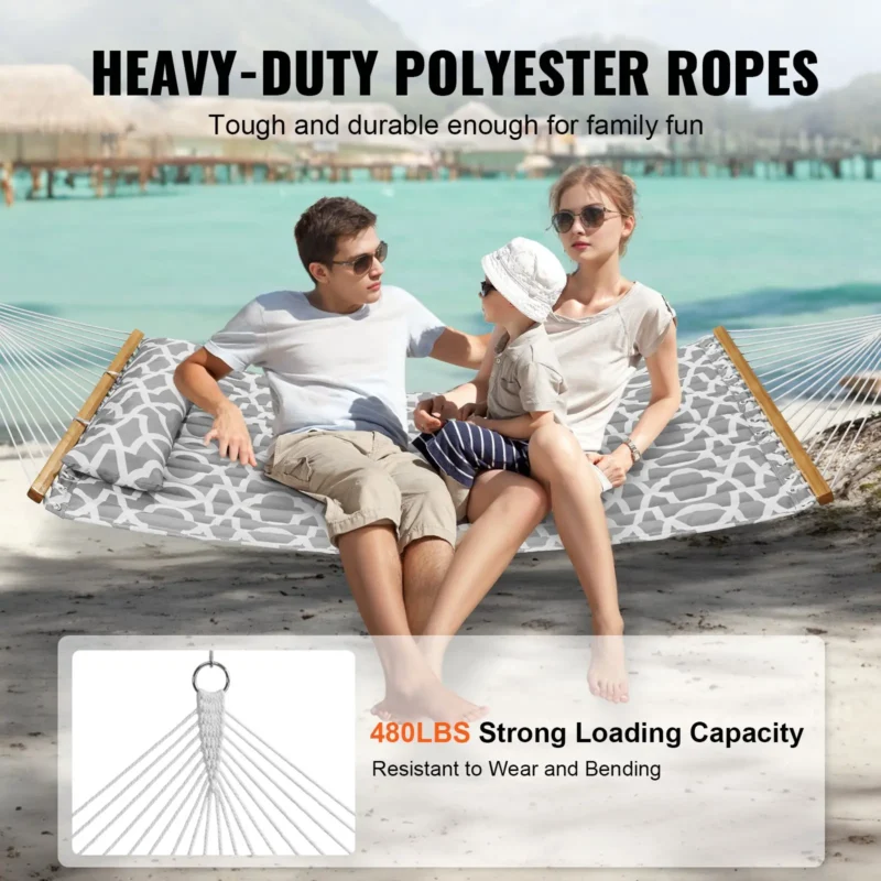 Double Quilted Fabric Hammock, 12 FT Double Hammock with Hardwood Spreader Bars, 2 Person Quilted Hammock with Detachable Pillow and Chains for Camping Outdoor Patio Yard Beach, 480 lbs Capacity - Image 2