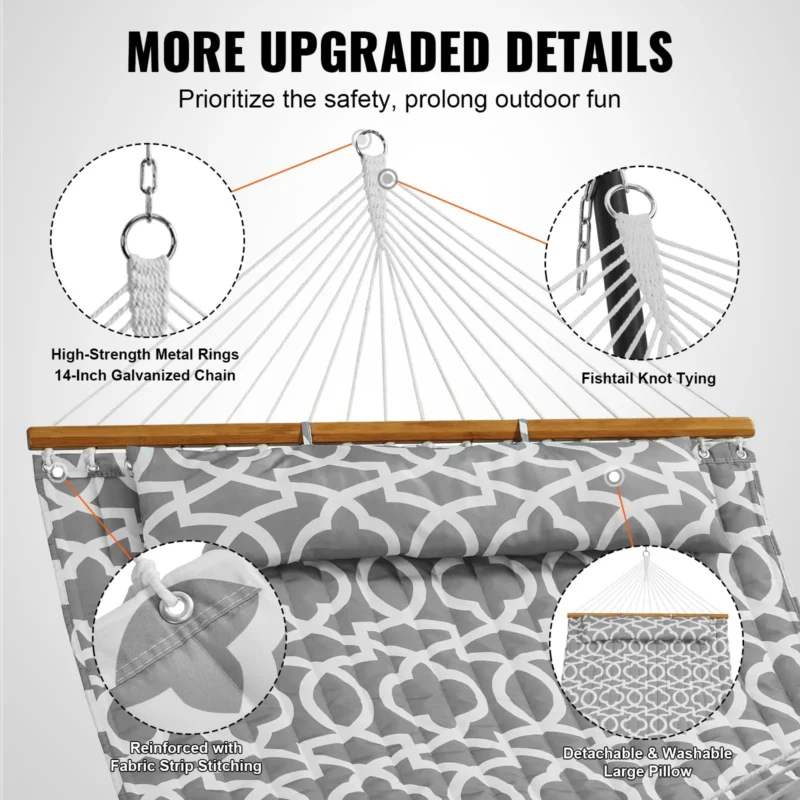 Double Quilted Fabric Hammock, 12 FT Double Hammock with Hardwood Spreader Bars, 2 Person Quilted Hammock with Detachable Pillow and Chains for Camping Outdoor Patio Yard Beach, 480 lbs Capacity - Image 4