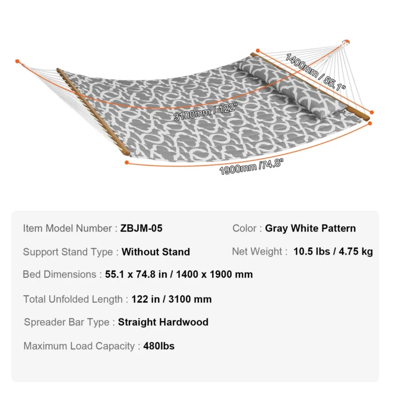 Double Quilted Fabric Hammock, 12 FT Double Hammock with Hardwood Spreader Bars, 2 Person Quilted Hammock with Detachable Pillow and Chains for Camping Outdoor Patio Yard Beach, 480 lbs Capacity - Image 6
