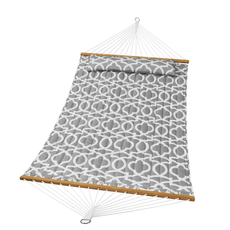 Double Quilted Fabric Hammock, 12 FT Double Hammock with Hardwood Spreader Bars, 2 Person Quilted Hammock with Detachable Pillow and Chains for Camping Outdoor Patio Yard Beach, 480 lbs Capacity - Image 8