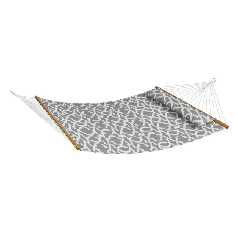 Double Quilted Fabric Hammock, 12 FT Double Hammock with Hardwood Spreader Bars, 2 Person Quilted Hammock with Detachable Pillow and Chains for Camping Outdoor Patio Yard Beach, 480 lbs Capacity - Image 9