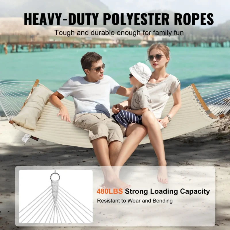 Double Quilted Fabric Hammock, 12 FT Double Hammock with Curved Spreader Bars, 2 Person Quilted Hammock with Detachable Pillow and Chains for Camping Outdoor Patio Yard Beach, 480 lbs Capacity - Image 2