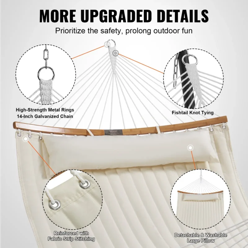 Double Quilted Fabric Hammock, 12 FT Double Hammock with Curved Spreader Bars, 2 Person Quilted Hammock with Detachable Pillow and Chains for Camping Outdoor Patio Yard Beach, 480 lbs Capacity - Image 4