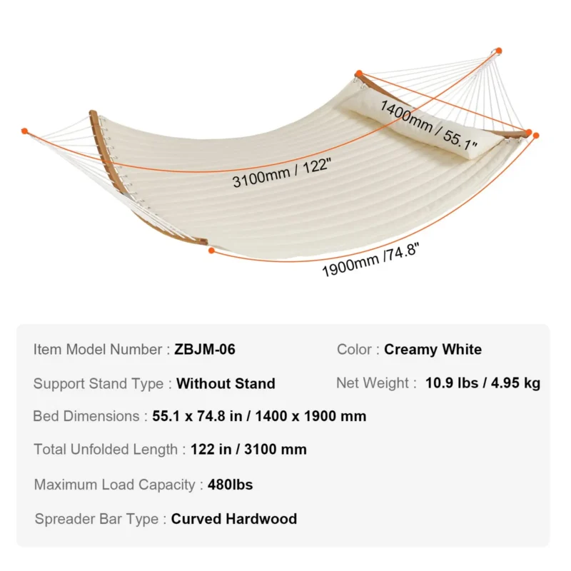 Double Quilted Fabric Hammock, 12 FT Double Hammock with Curved Spreader Bars, 2 Person Quilted Hammock with Detachable Pillow and Chains for Camping Outdoor Patio Yard Beach, 480 lbs Capacity - Image 6