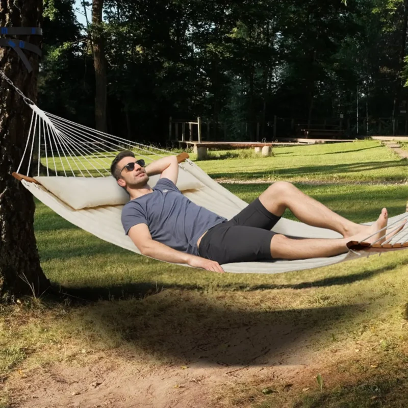Double Quilted Fabric Hammock, 12 FT Double Hammock with Curved Spreader Bars, 2 Person Quilted Hammock with Detachable Pillow and Chains for Camping Outdoor Patio Yard Beach, 480 lbs Capacity - Image 7