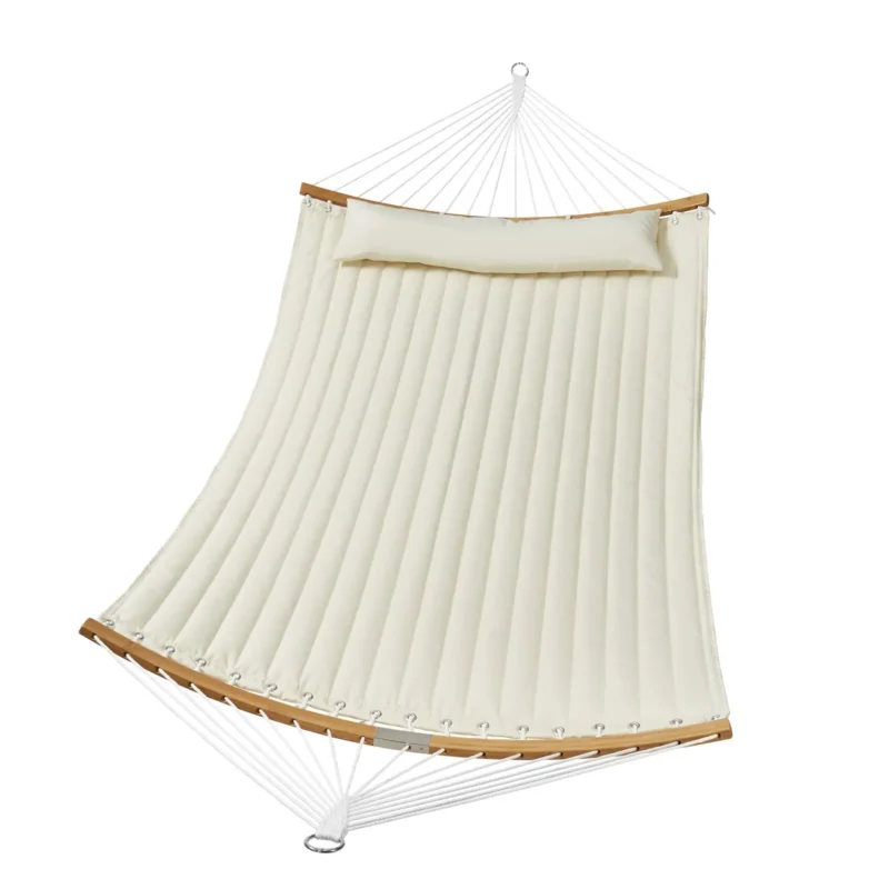 Double Quilted Fabric Hammock, 12 FT Double Hammock with Curved Spreader Bars, 2 Person Quilted Hammock with Detachable Pillow and Chains for Camping Outdoor Patio Yard Beach, 480 lbs Capacity - Image 8