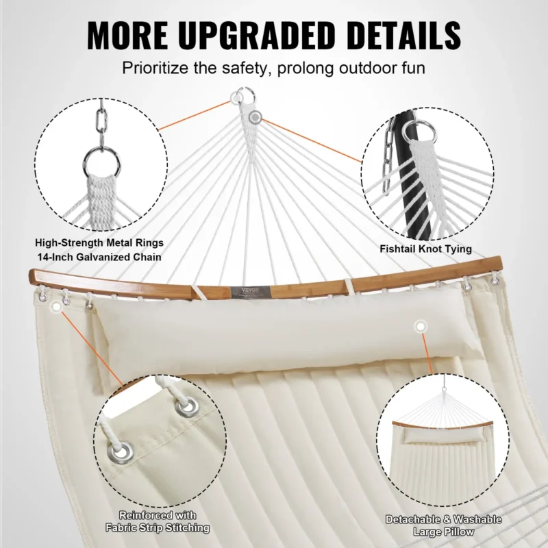 Double Quilted Fabric Hammock, 12 FT Double Hammock with Curved Spreader Bars, 2 Person Quilted Hammock with Detachable Pillow and Chains for Camping Outdoor Patio Yard Beach, 480 lbs Capacity - Image 12