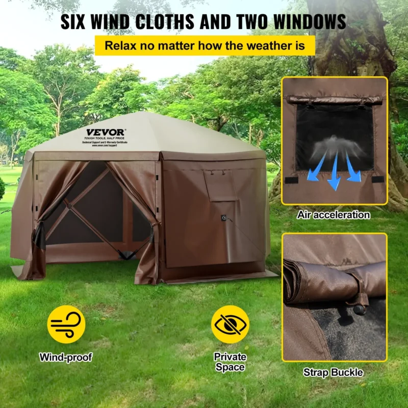 Camping Gazebo Screen Tent, 12*12ft, 6 Sided Pop-up Canopy Shelter Tent with Mesh Windows, Portable Carry Bag, Stakes, Large Shade Tents for Outdoor Camping, Lawn and Backyard, Brown/Beige - Image 14